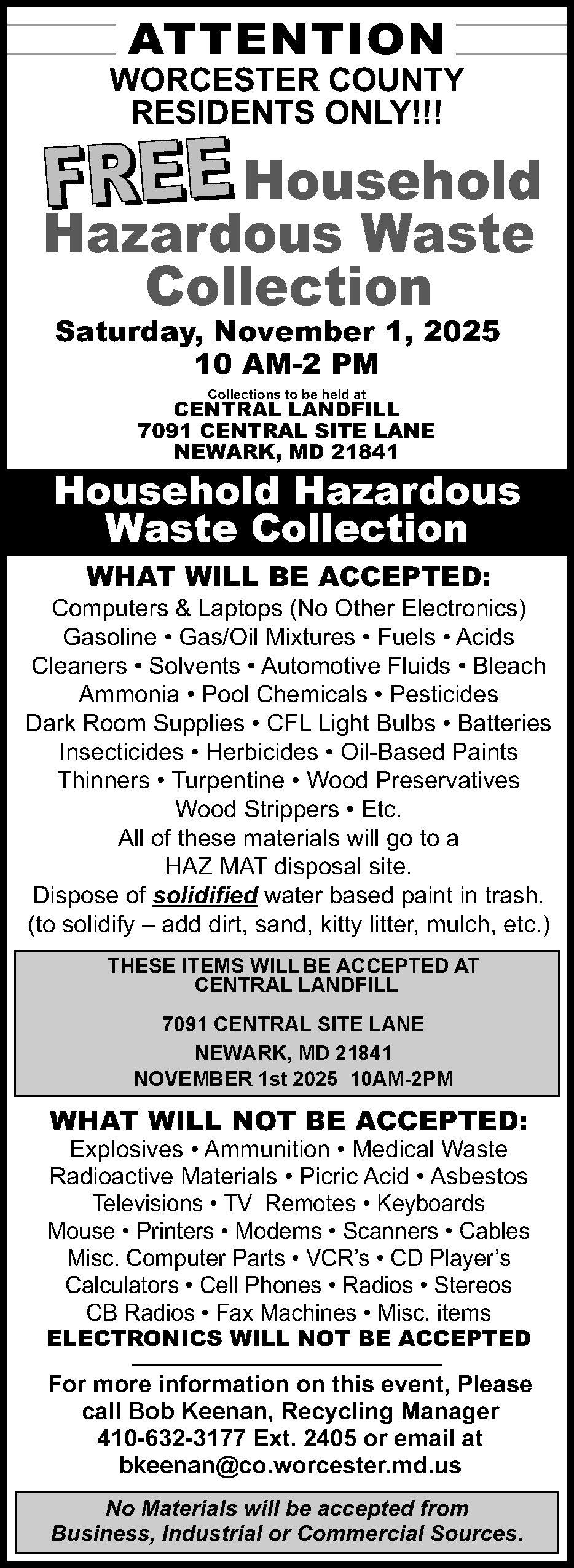 Household Hazardous Waste Collection Day on Saturday, November 1, 2025