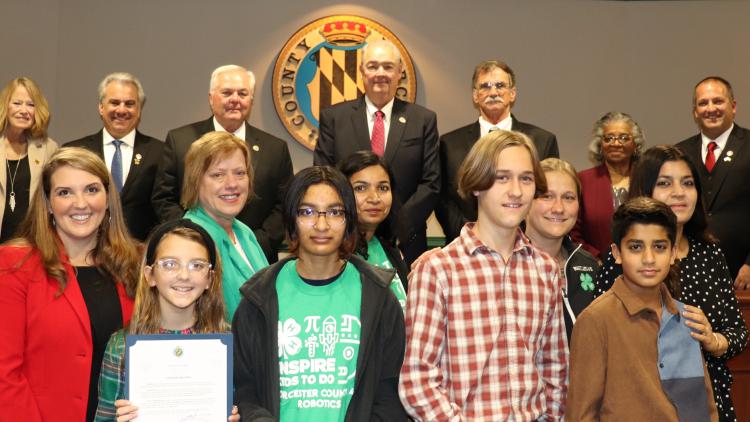 The commissioners present commendations to members of the Worcester County 4-H Robotics Intermediate Team for taking first place in the Maryland 4-H State Robotics Challenge at the 2022 Maryland State Fair