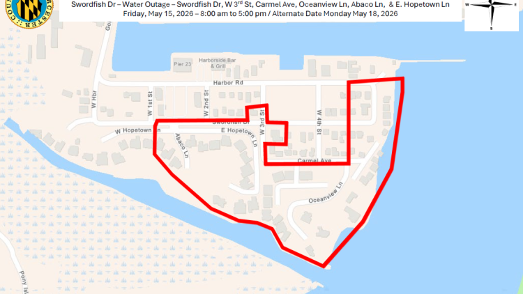Swordfish Drive Water Outage Area Highlighted